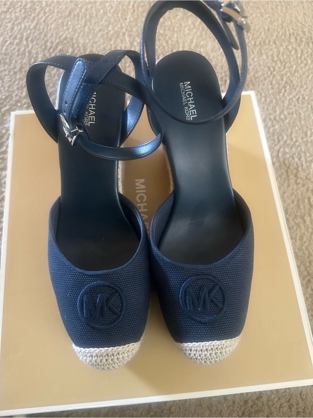Michael Kors Navy and Cream Espadrille Wedge Sandals - Picture 2 of 7